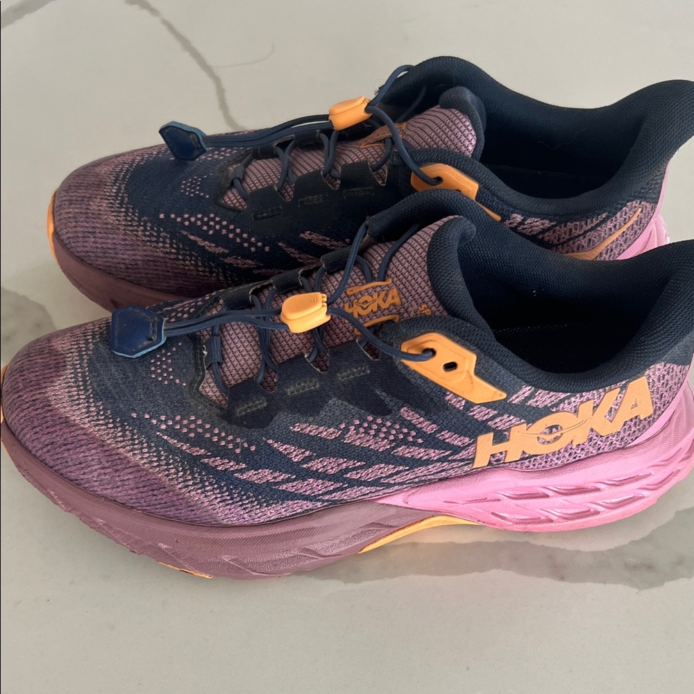 Hoka One One Women's Navy Pink Yellow Trail Running Shoes - Picture 4 of 7